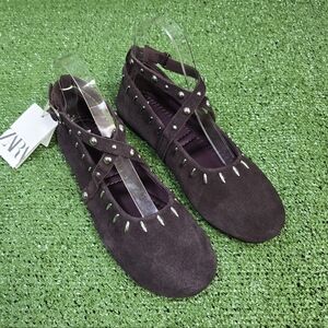 Zara Suede Deep Plum Studded Criss-Cross Buckle Strap Ballet Flats Size EU37